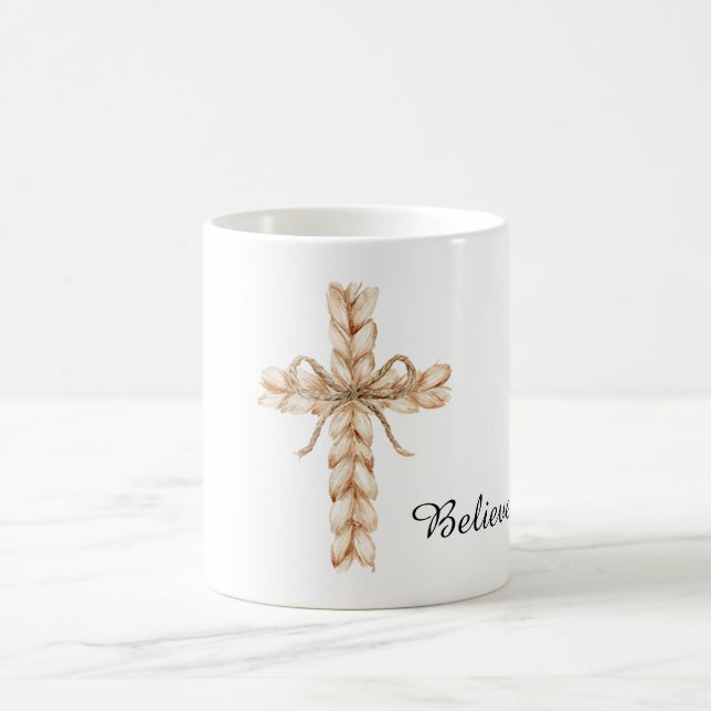 Rustic Cream Cross with Bow Believe Coffee Mug (Center)