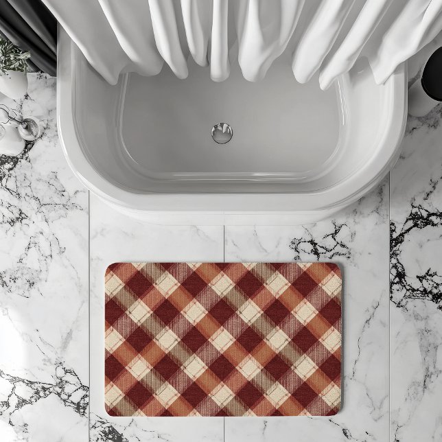 Rustic Cream Orange Rust Red Plaid Pattern Bath Mat (Creator Uploaded)