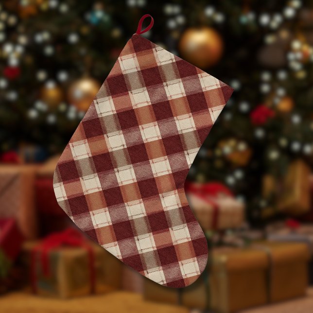 Rustic Cream Orange Rust Red Plaid Pattern Large Christmas Stocking (Creator Uploaded)