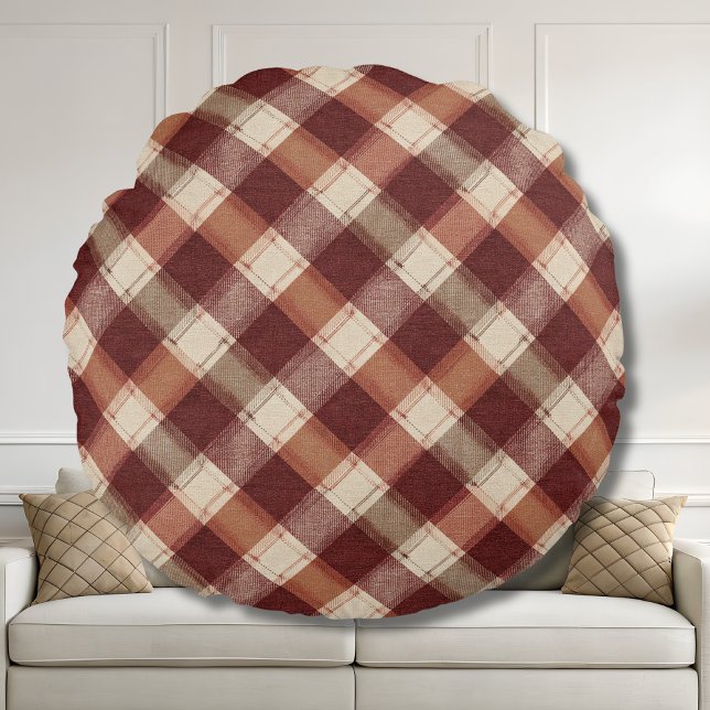 Rustic Cream Orange Rust Red Plaid Pattern Round Cushion (Creator Uploaded)