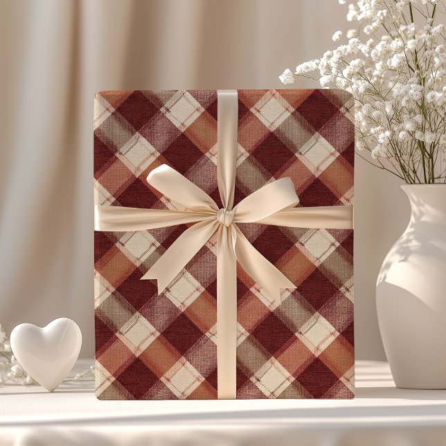 Rustic Cream Orange Rust Red Plaid Pattern Wrapping Paper (Creator Uploaded)