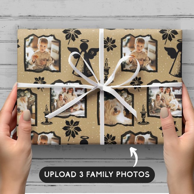 Rustic Cream Stamped Angel 3 Family Photo Wrapping Paper (Creator Uploaded)