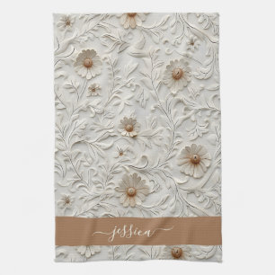 Rustic cream tooled leather script name tea towel