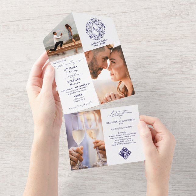 Rustic Crest Monogram 3 Photo QR Code Blue Wedding All In One Invitation (Tearaway)