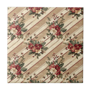 Rustic Crimson Christmas Floral Diagonal Stripe Ceramic Tile