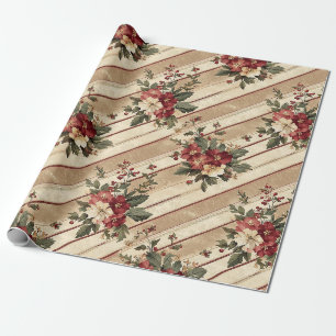 Rustic Crimson Christmas Floral Diagonal Stripe Wrapping Paper
