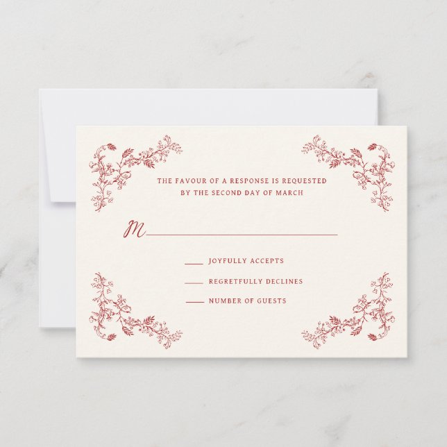 Rustic Crimson Vintage Floral Wedding RSVP Card (Front)