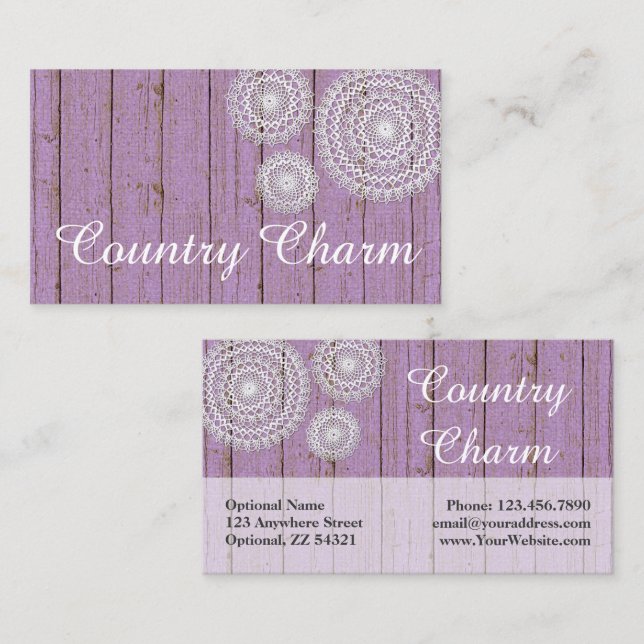 Rustic Crochet Doilies on Purple Farmhouse Wood Business Card (Front/Back)