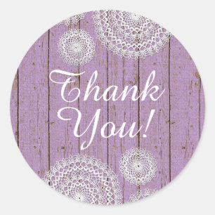 Rustic Crochet Doilies on Purple Wood Thank You Classic Round Sticker
