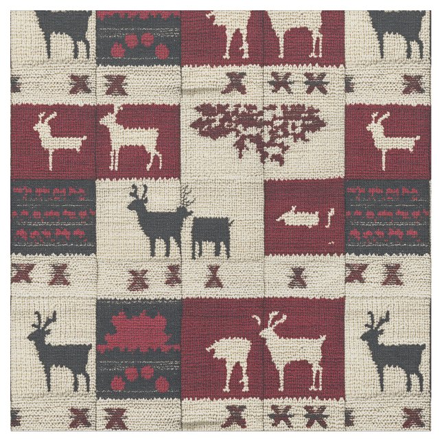 Rustic Cross-Stitch Patchwork | Folk Holiday Motif Fabric (Close Up)