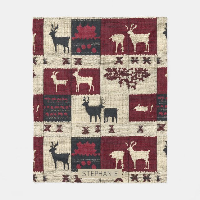 Rustic Cross-Stitch Patchwork | Folk Holiday Motif Fleece Blanket (Front)
