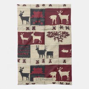 Rustic Cross-Stitch Patchwork Folk Holiday Motif Tea Towel