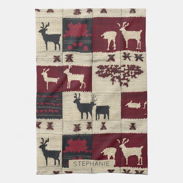 Rustic Cross-Stitch Patchwork | Folk Holiday Motif Tea Towel (Vertical)