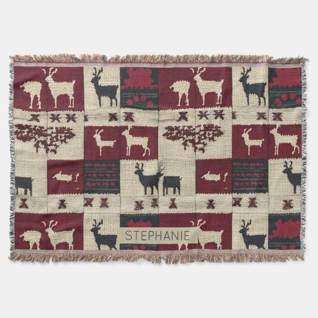 Rustic Cross-Stitch Patchwork | Folk Holiday Motif Throw Blanket (Front)