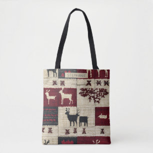 Rustic Cross-Stitch Patchwork   Folk Holiday Motif Tote Bag