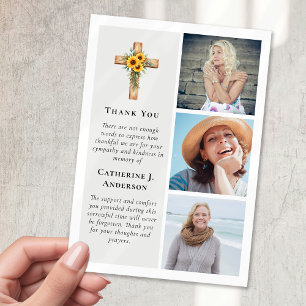 Rustic Cross Sunflower 3 Photo Sympathy Funeral Thank You Card