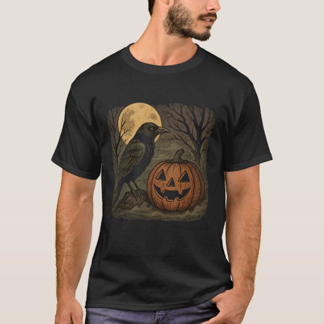 Rustic Crow and Pumpkin Halloween Art: Spooky Full T-Shirt (Front)