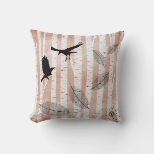 Rustic Crows in White Birch Forest Cushion