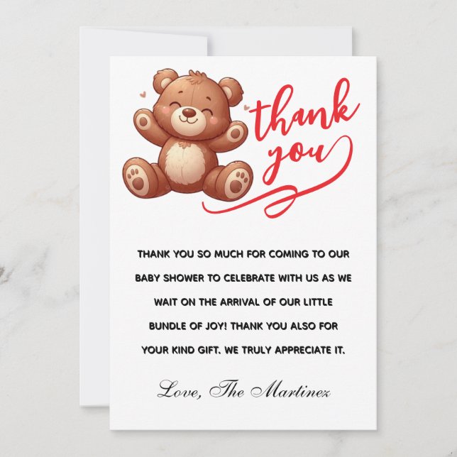 Rustic Cub Bear Boy Baby Shower Thank You Card (Front)