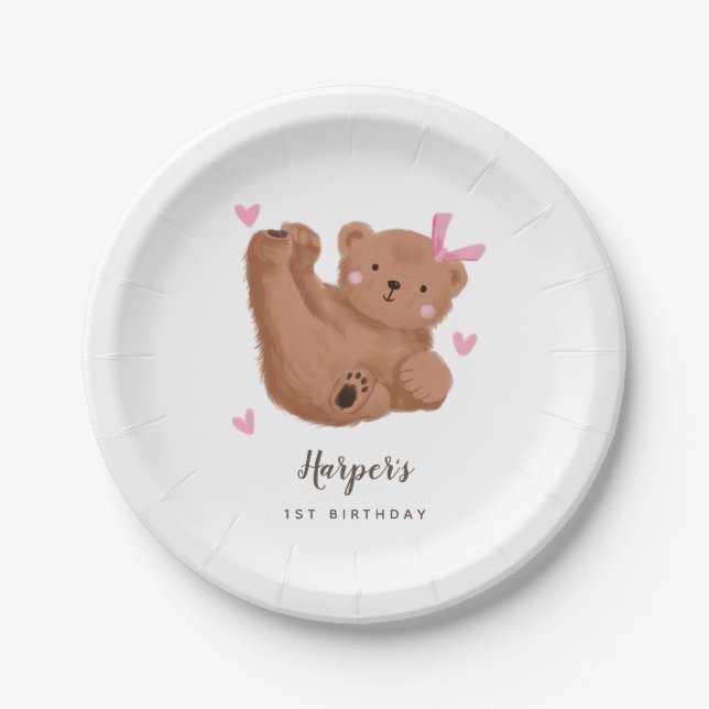 Rustic Cub Bear Pink Kids Birthday Party  Paper Plate (Front)