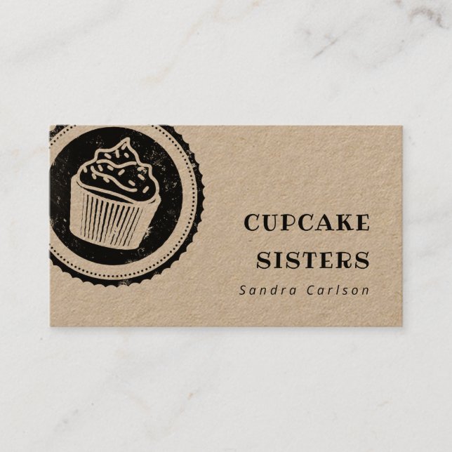Rustic cupcake logo stamp kraft business card (Front)