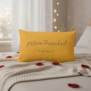 Rustic Cursive Names and Heart Wedding Gift Orange Lumbar Cushion