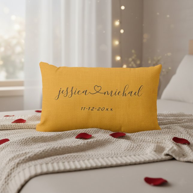 Rustic Cursive Names and Heart Wedding Gift Orange Lumbar Cushion (Romantic pillow for newlyweds! ❤️)