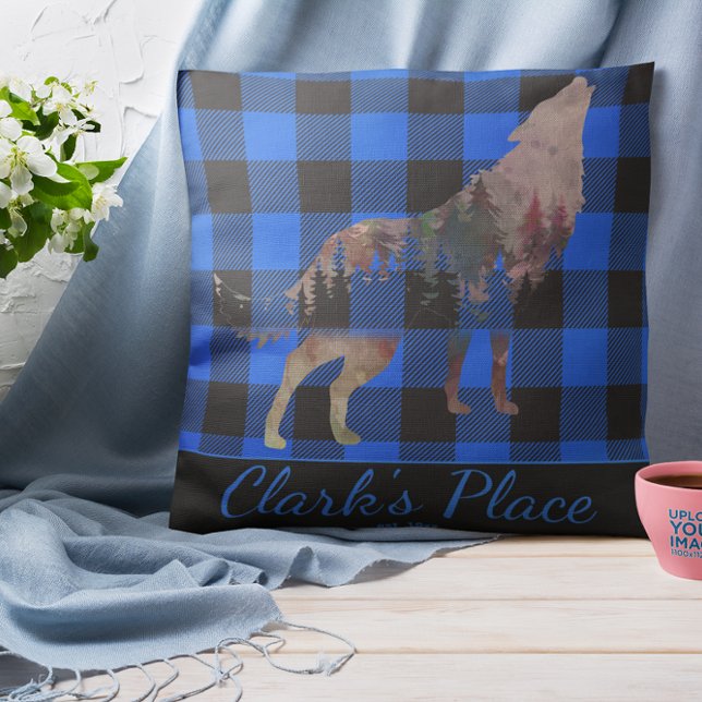 Rustic Custom Blue Buffalo Plaid Wolf Wilderness Cushion (Creator Uploaded)