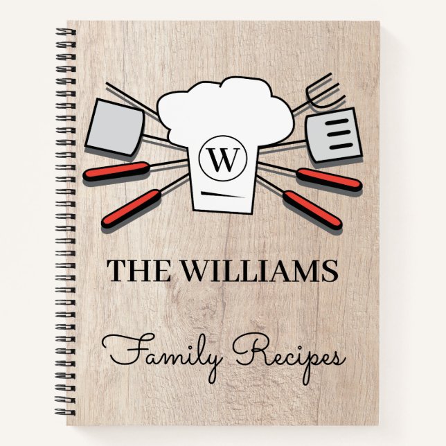 Rustic Custom Family Name & Monogram Cookbook Chef Notebook (Front)