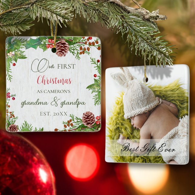 Rustic Custom Photo 1st Xmas New Grandparents  Ceramic Ornament (Creator Uploaded)