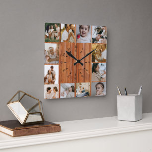 Rustic Custom Photo Collage Family Square Wall Clock