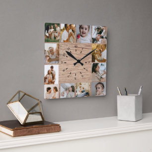 Rustic Custom Photo Collage Family Square Wall Clock