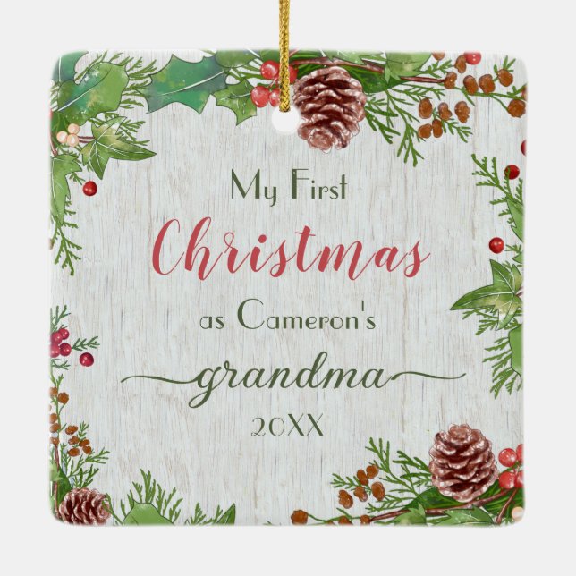 Rustic Custom Photo New Granda 1st Christmas   Ceramic Ornament (Back)