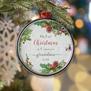 Rustic Custom Photo New Grandma 1st Christmas Metal Ornament
