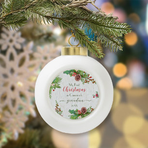 Rustic Custom Photo New Grandma Milestone Ceramic Ball Christmas Ornament