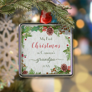 Rustic Custom Photo New Grandpa 1st Christmas  Metal Ornament