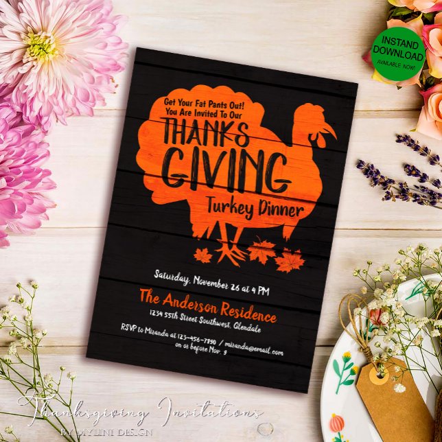 Rustic Custom Turkey Thanksgiving Dinner Invitation (Creator Uploaded)