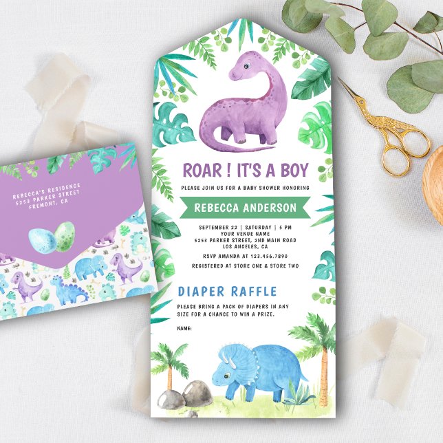 Rustic Cute Blue and Purple Dinosaur Baby Shower All In One Invitation (Creator Uploaded)