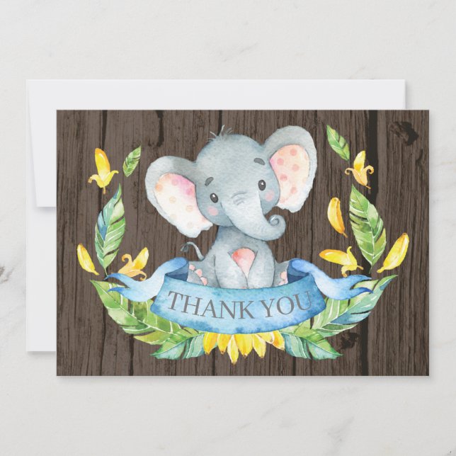 Rustic Cute Elephant Baby Boy Blue and Grey Thank You Card (Front)