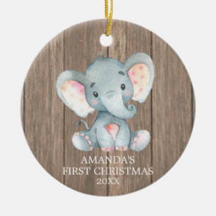 Rustic Cute Elephant Baby First Christmas Ceramic Ornament