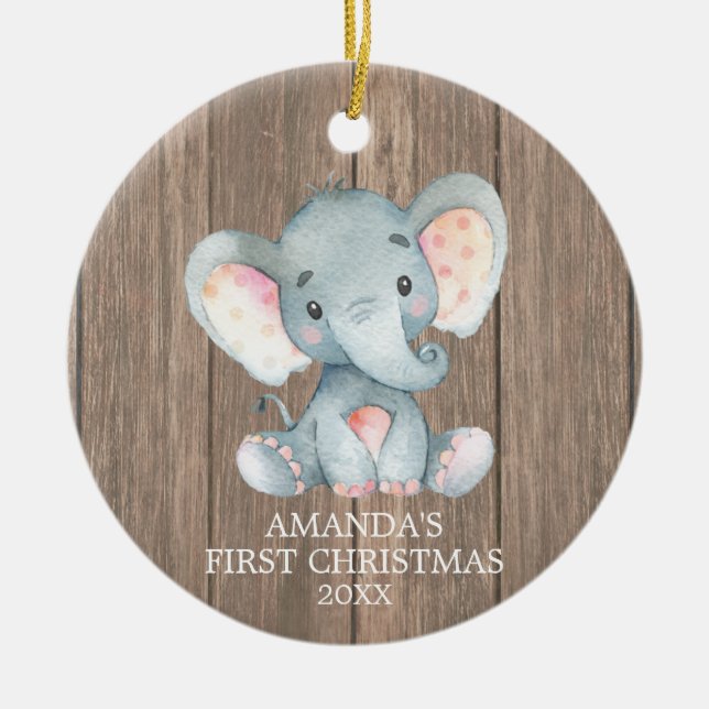 Rustic Cute Elephant Baby First Christmas Ceramic Ornament (Front)