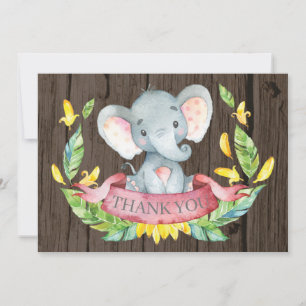 Rustic Cute Elephant Baby Girl Pink and Grey Thank You Card