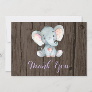 Rustic Cute Elephant Baby Girl Purple and Grey Thank You Card
