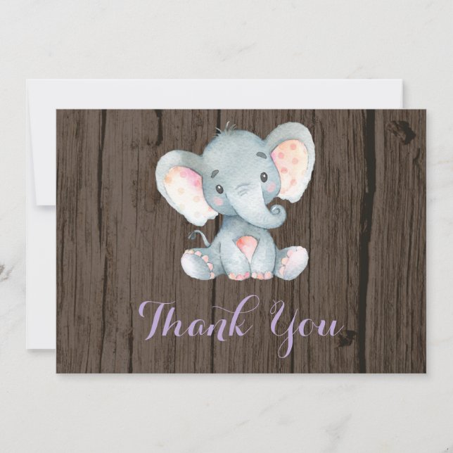 Rustic Cute Elephant Baby Girl Purple and Grey Thank You Card (Front)