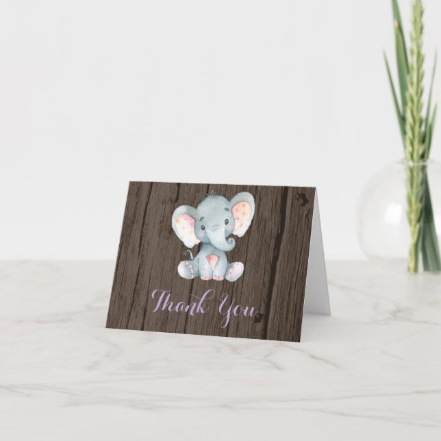Rustic Cute Elephant Baby Girl Purple and Grey Thank You Card (Front)