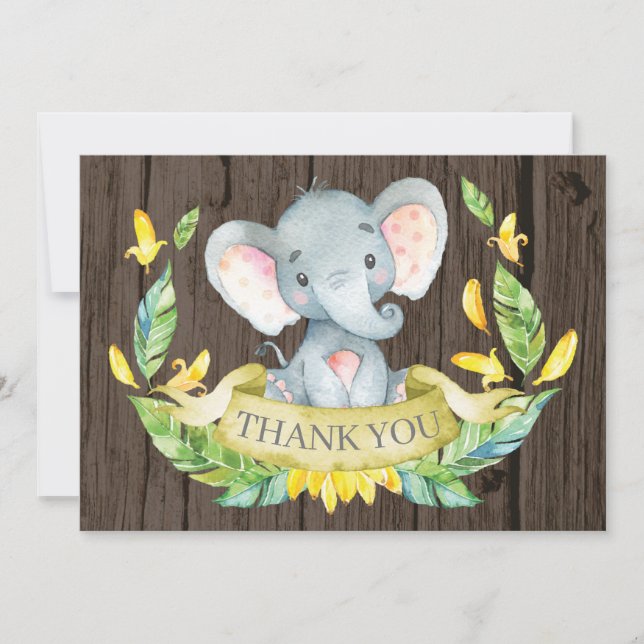 Rustic Cute Elephant Baby Yellow and Grey Thank You Card (Front)