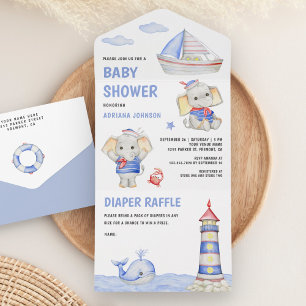 Rustic Cute Elephant Nautical Boat Baby Shower All In One Invitation