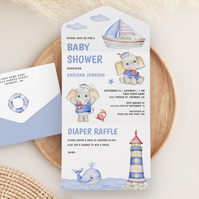 Rustic Cute Elephant Nautical Boat Baby Shower All In One Invitation (Creator Uploaded)