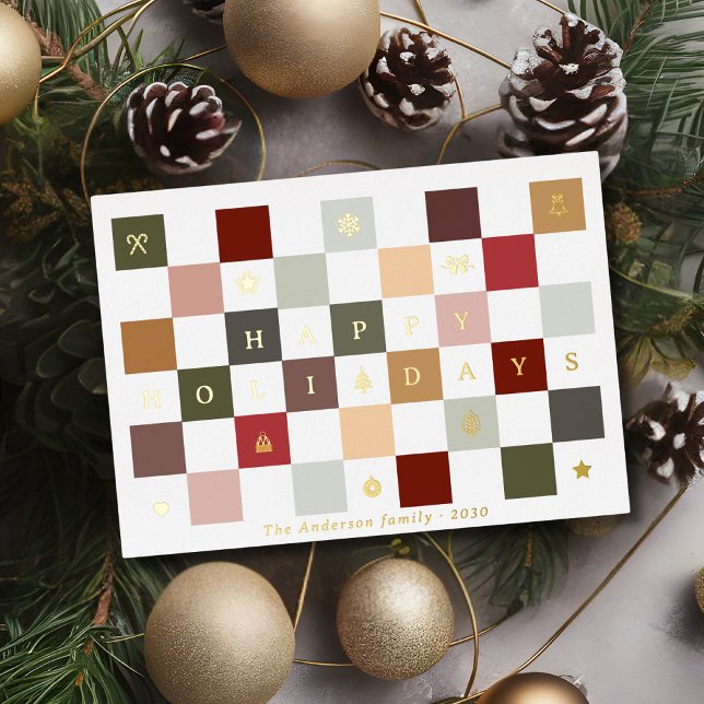 Rustic Cute Happy Holidays Christmas Chequered Foil Holiday Card (Creator Uploaded)