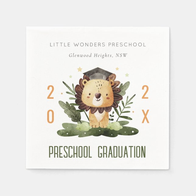 Rustic Cute Kids Lion Foliage Preschool Graduation Napkin (Front)